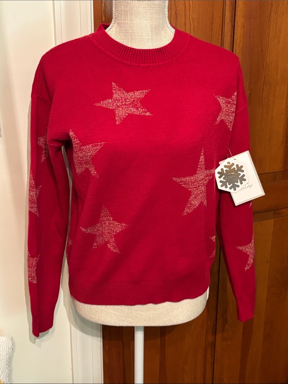 Red glitzy Star Pattern Crewneck Sweater